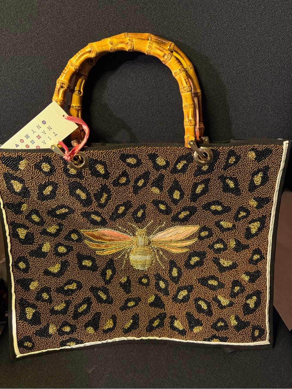 Leopard Beaded Tote with Bee Embroidery and Bamboo Handles - Brown